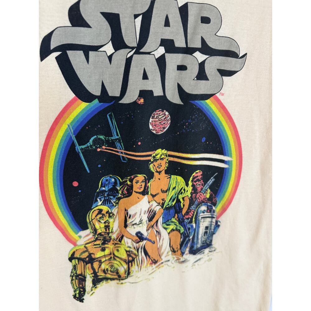 Star Wars Retro Rainbow Graphic T-Shirt Beige Unisex Tee Size M Movie Merch